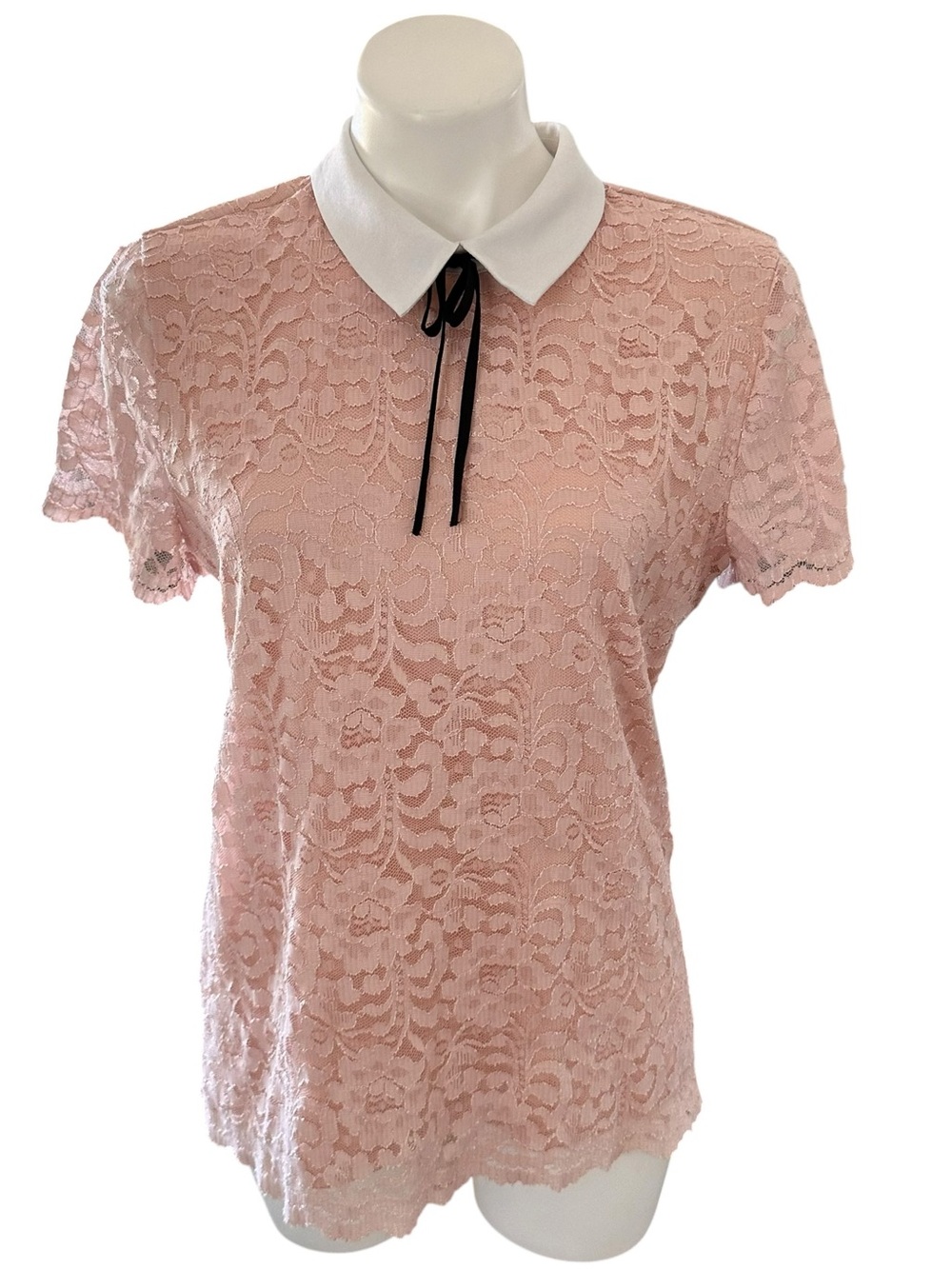 Karl Lagerfeld Blush Pink Floral Lace Top with White Collar and Black Tie Size M